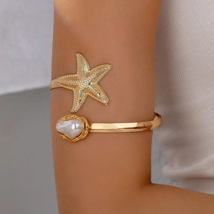Ocean Vacation Style Starfish & Imitation Pearl Armlet - Adjustable Open Design for Women